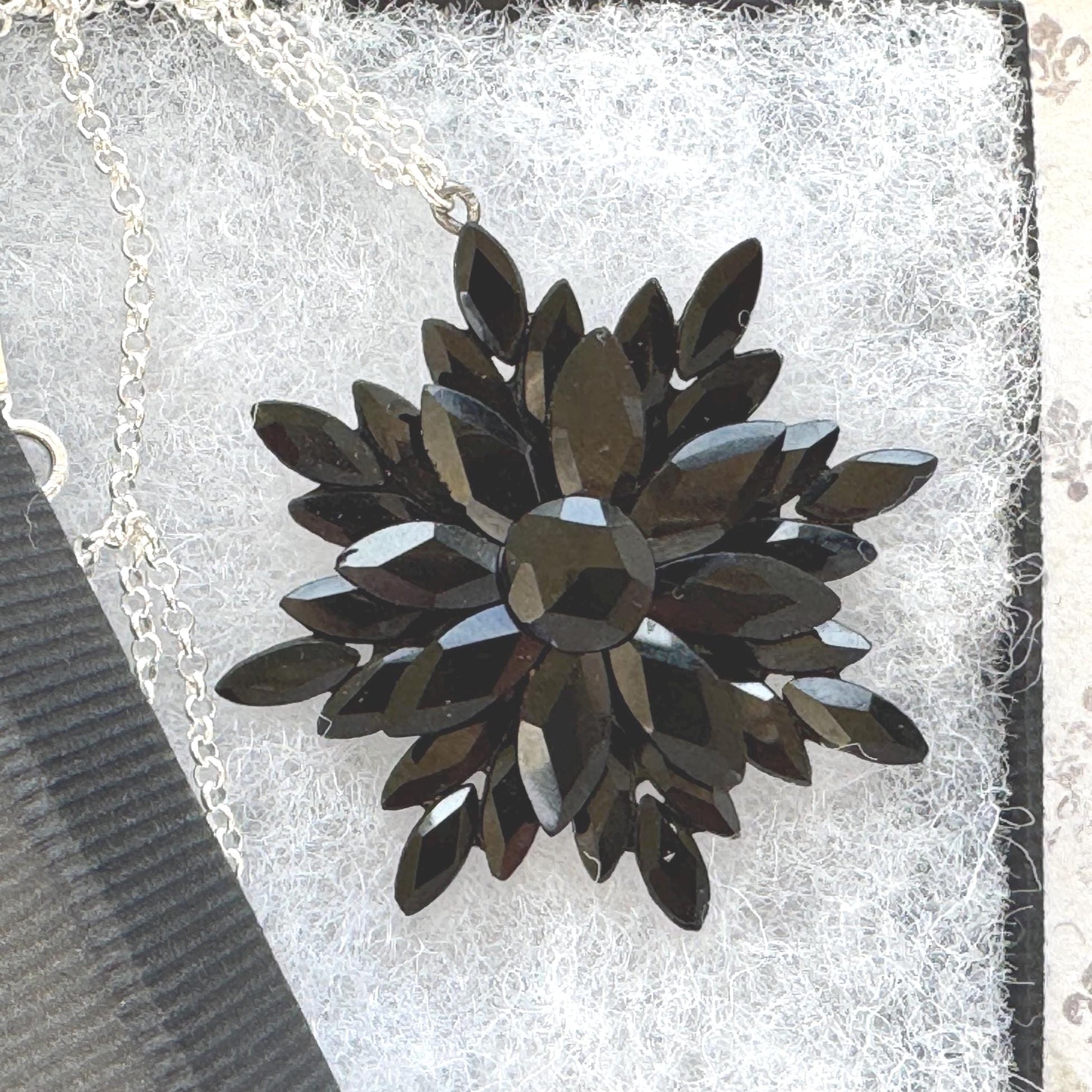 Antique Georgian Black Vauxhall Glass Flower Pendant Necklace: Rare English Regency Jewellery