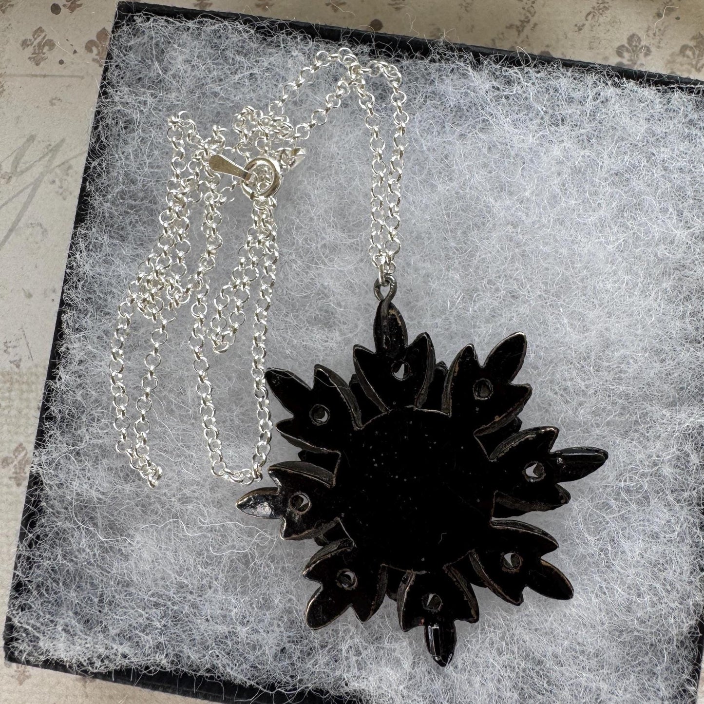 Antique Georgian Black Vauxhall Glass Flower Pendant Necklace: Rare English Regency Jewellery