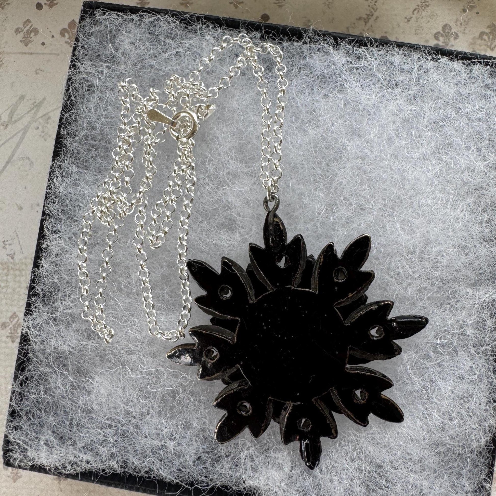 Antique Georgian Black Vauxhall Glass Flower Pendant Necklace: Rare English Regency Jewellery