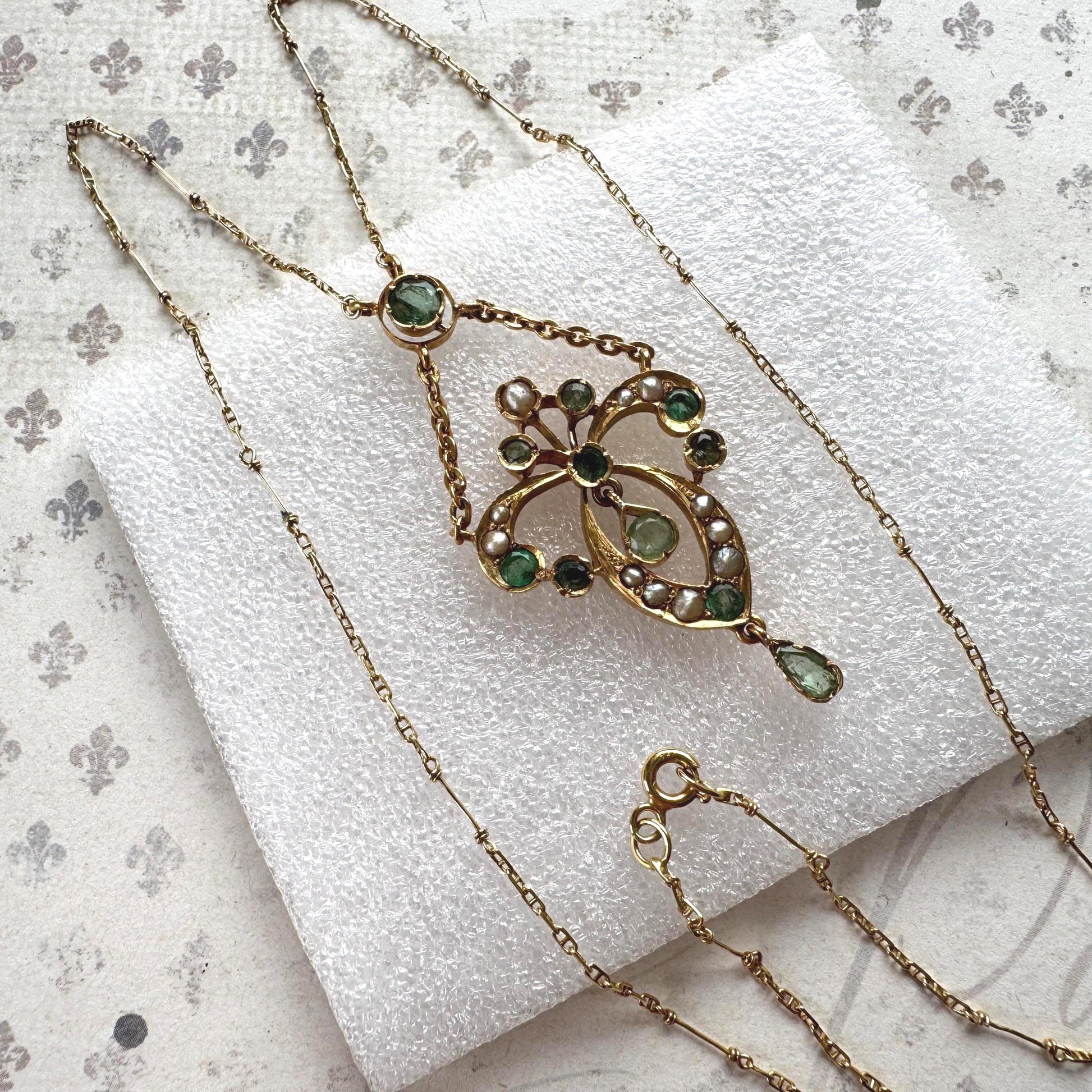 Antique Art Nouveau Emerald Pearl Lavaliere Necklace