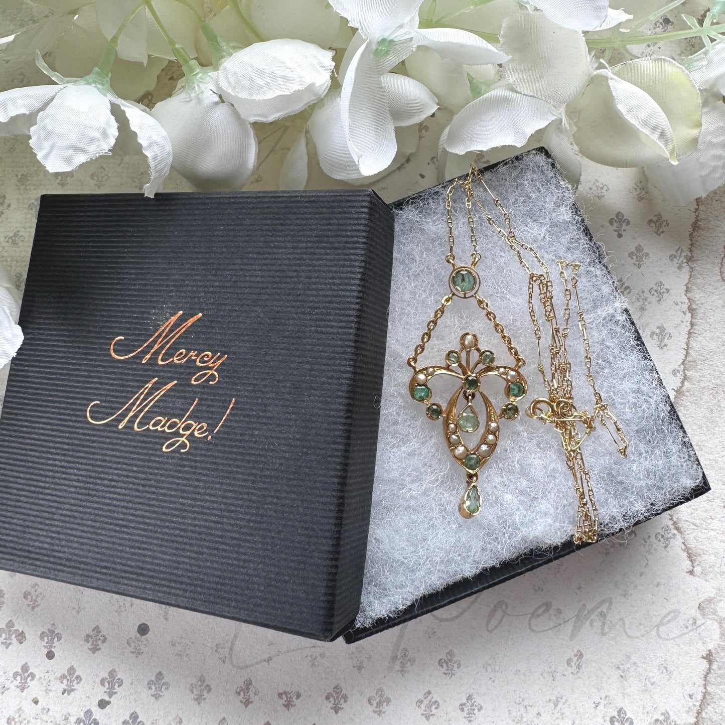 Antique Art Nouveau Emerald Pearl Lavaliere Necklace