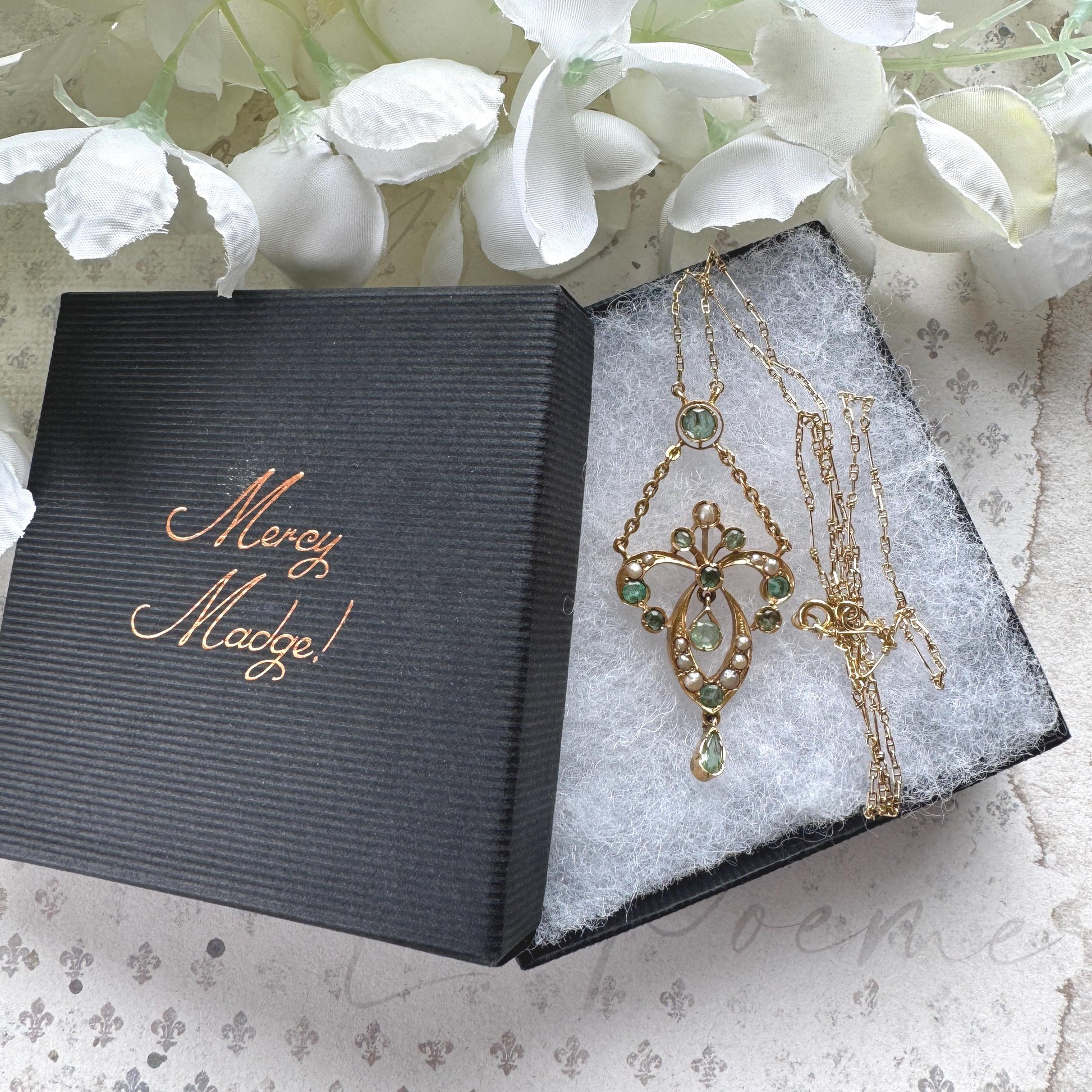 Antique Art Nouveau Emerald Pearl Lavaliere Necklace