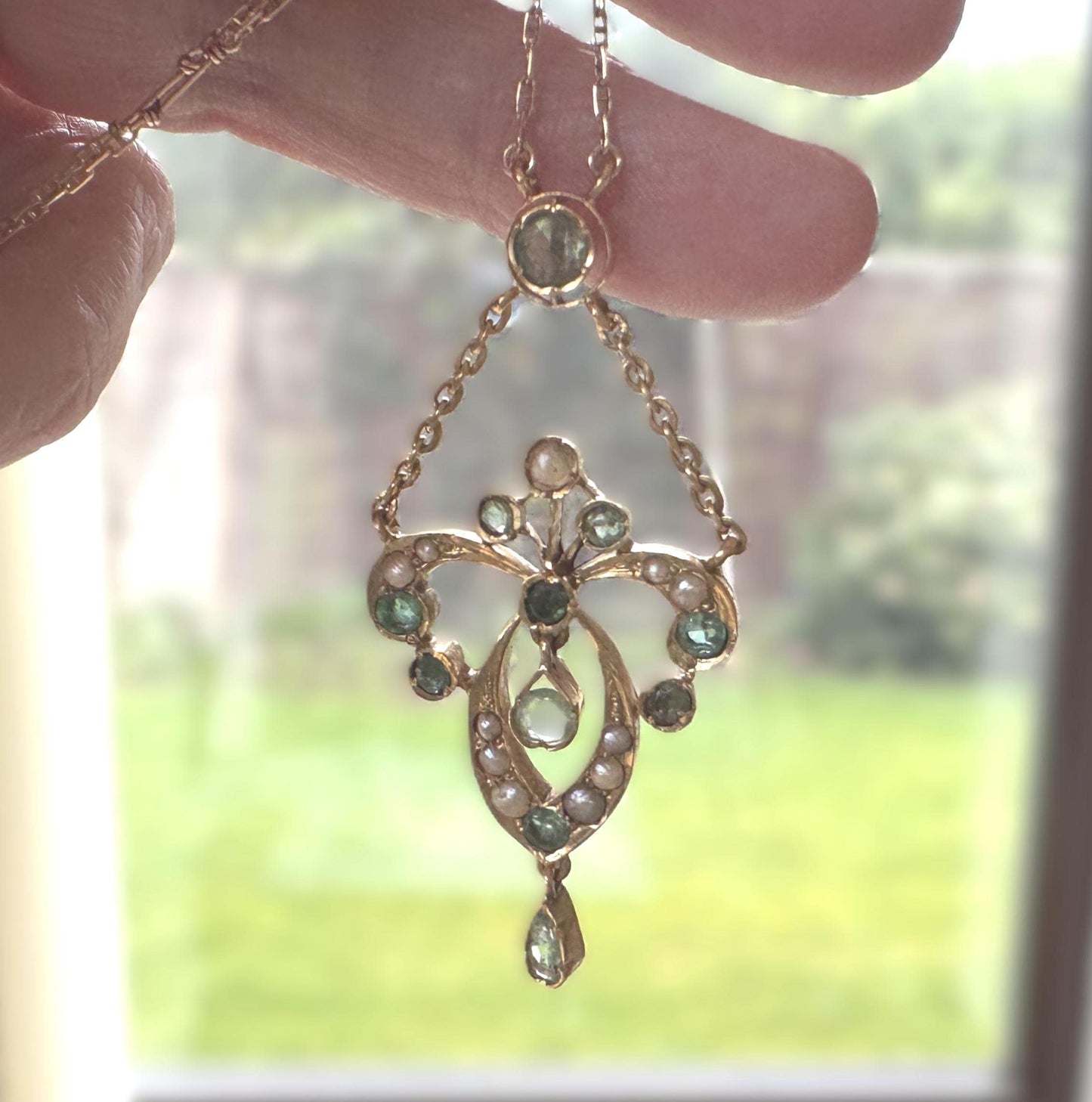Antique Art Nouveau Emerald Pearl Lavaliere Necklace