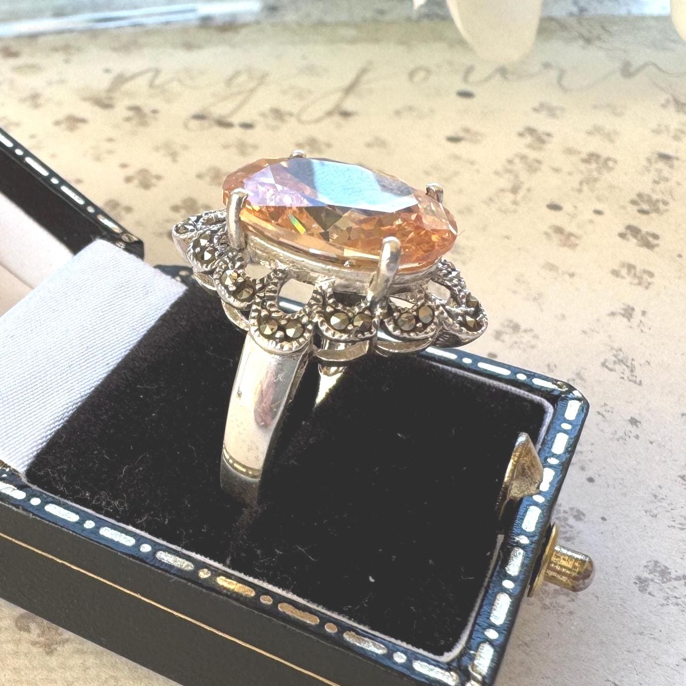 Vintage Sunset Peach Colour-Changing Tourmaline Cocktail Ring in Sterling Silver