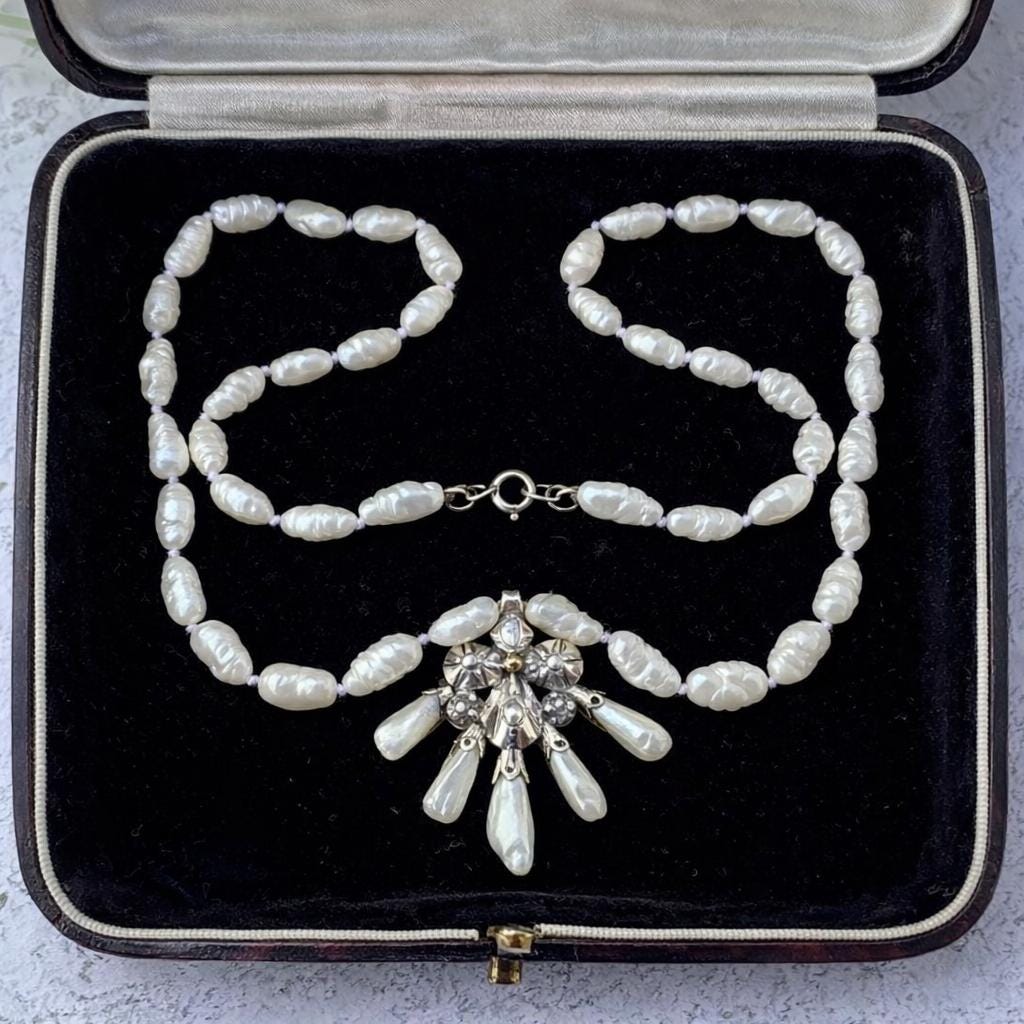Antique Georgian Pearl & Rose Cut Diamond Pendant Necklace