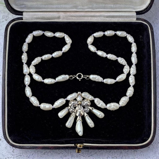 Antique Georgian Pearl & Rose Cut Diamond Pendant Necklace