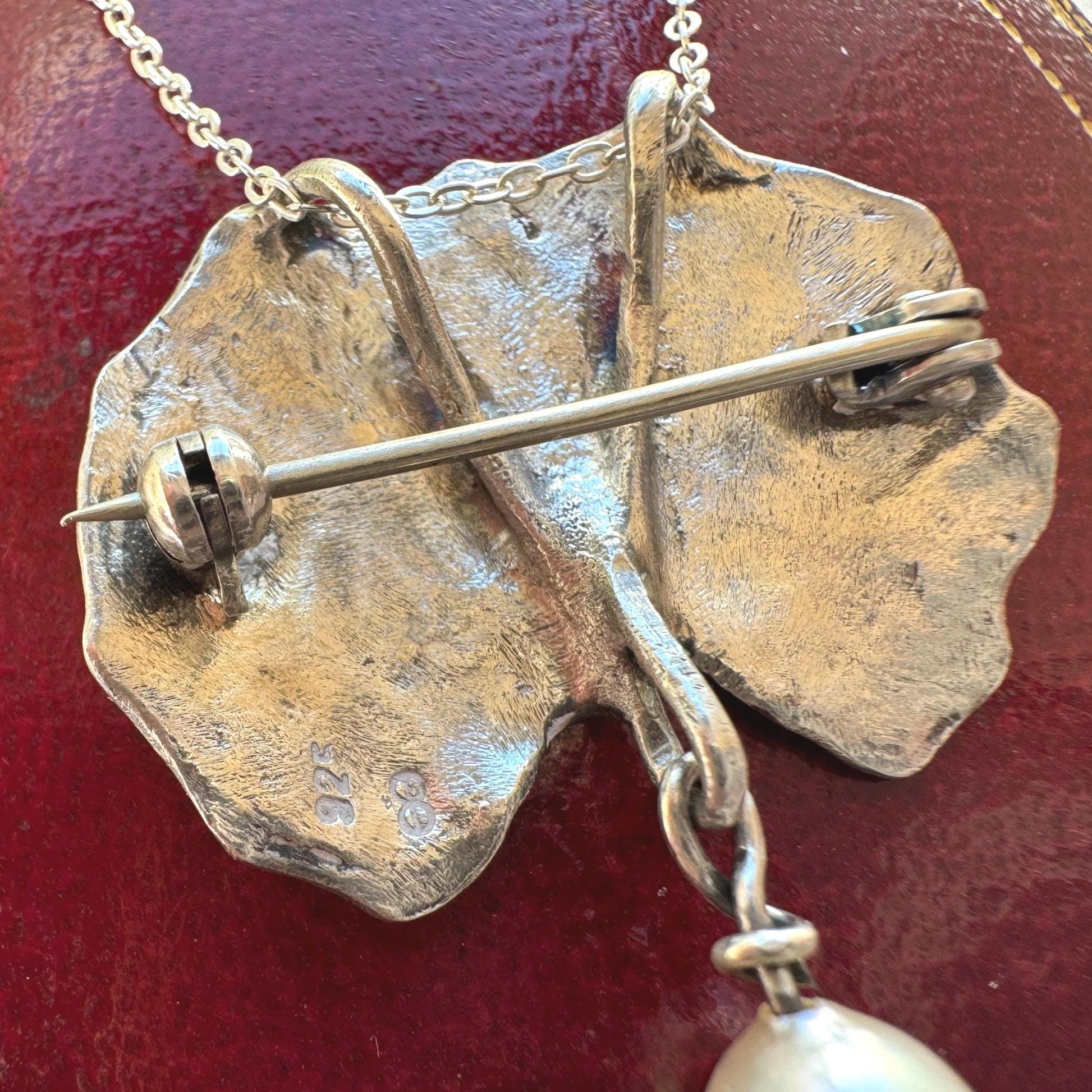 Vintage Sterling Silver & Pearl Water Lily Leaf Pendant Necklace. Art Nouveau Style Convertible Brooch