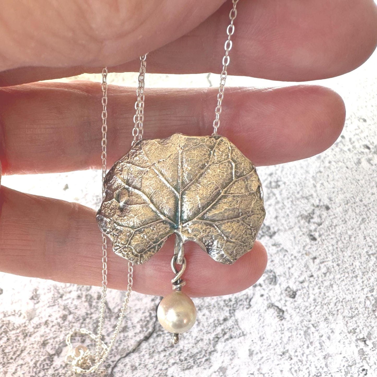 Vintage Sterling Silver & Pearl Water Lily Leaf Pendant Necklace. Art Nouveau Style Convertible Brooch