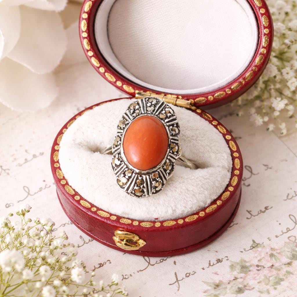 Antique Art Deco Sterling Silver Coral Cabochon Ring