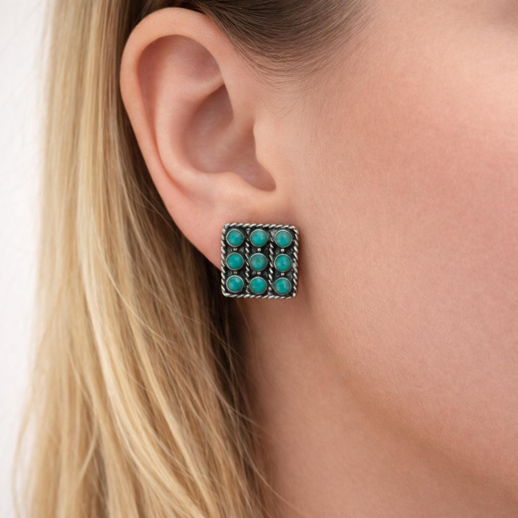 Vintage Zuni Silver Petit Point Turquoise Cluster Earrings