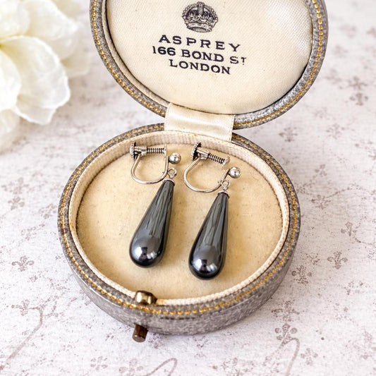 Antique Art Deco Sterling Silver Black Spinel Pendeloque Earrings