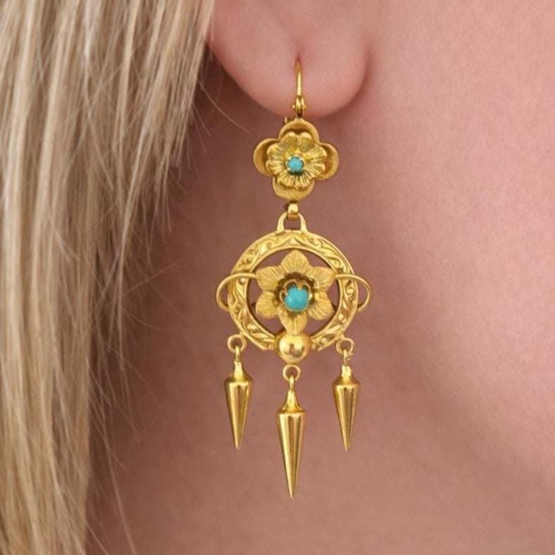 Victorian 18ct Gold Turquoise Forget-Me-Not Earrings