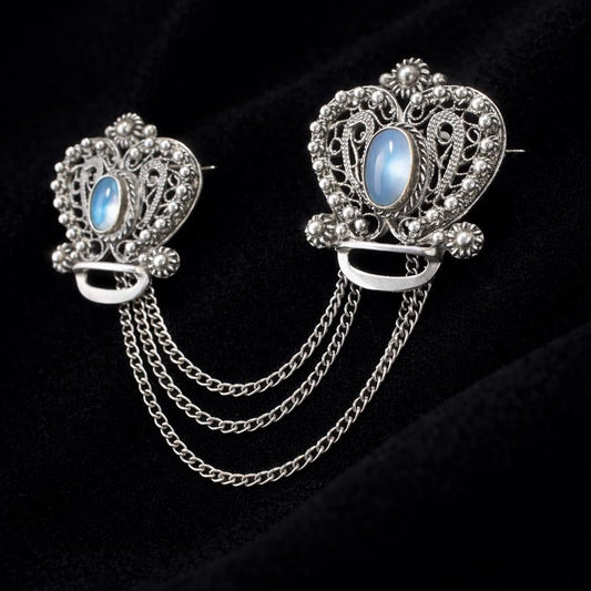 Vintage Sterling Silver Moonstone Coronet Hearts Double Brooch: Large Chatelaine Style Cloak/Lapel Pins