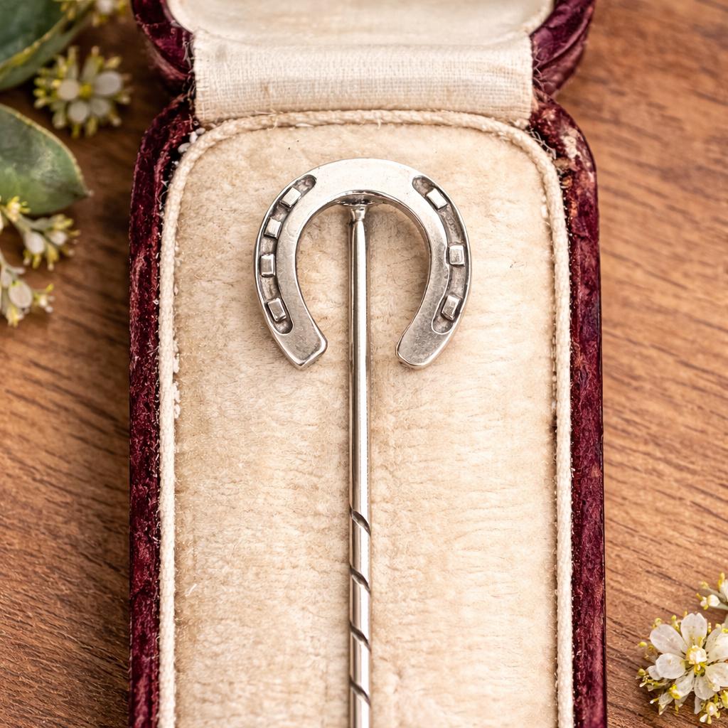 Antique Victorian Sterling Silver Lucky Horseshoe Stick Pin, Circa 1890