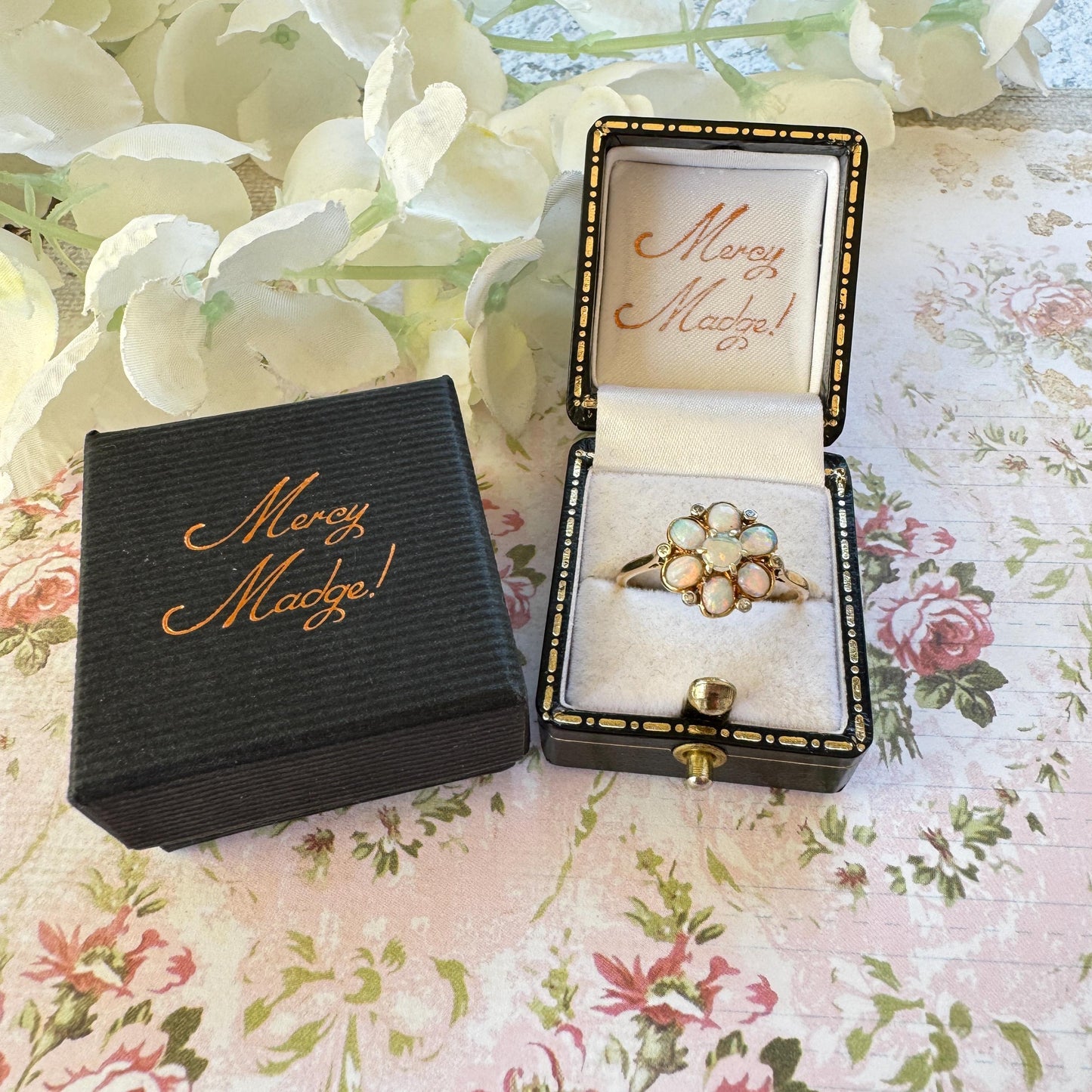 Antique Victorian Natural Opal & Diamond Daisy Cluster Ring, Size UK T, US 9-1/2