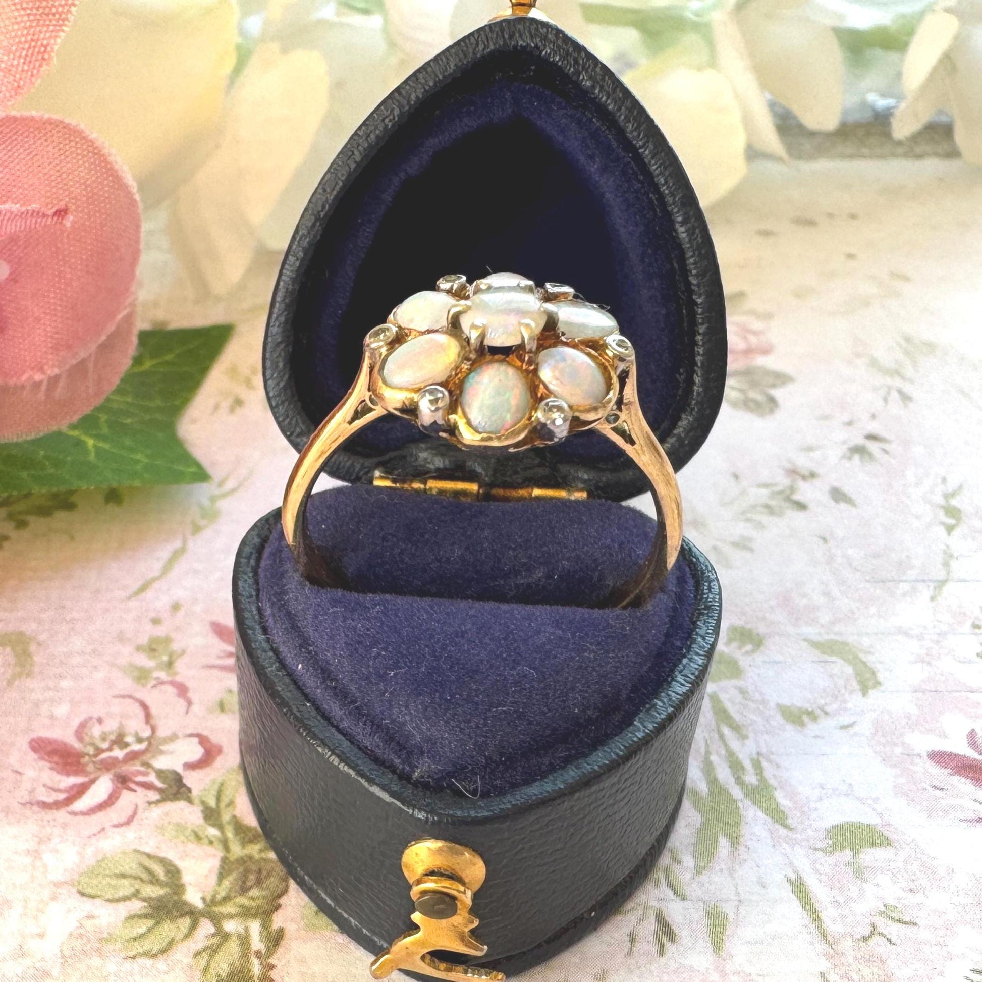 Antique Victorian Natural Opal & Diamond Daisy Cluster Ring, Size UK T, US 9-1/2