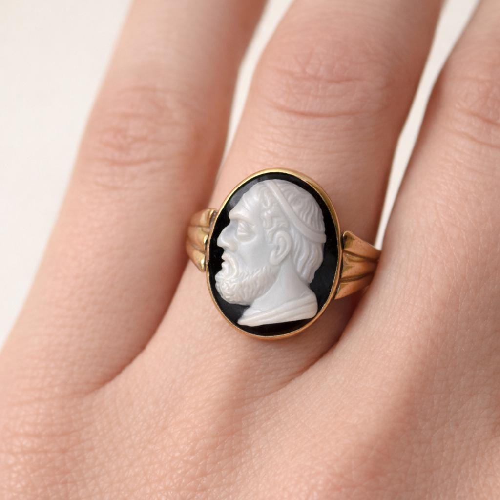 Antique Victorian Hardstone Cameo Ring, Classical Male Profile in Gold Cased Mount, c.1880–1900