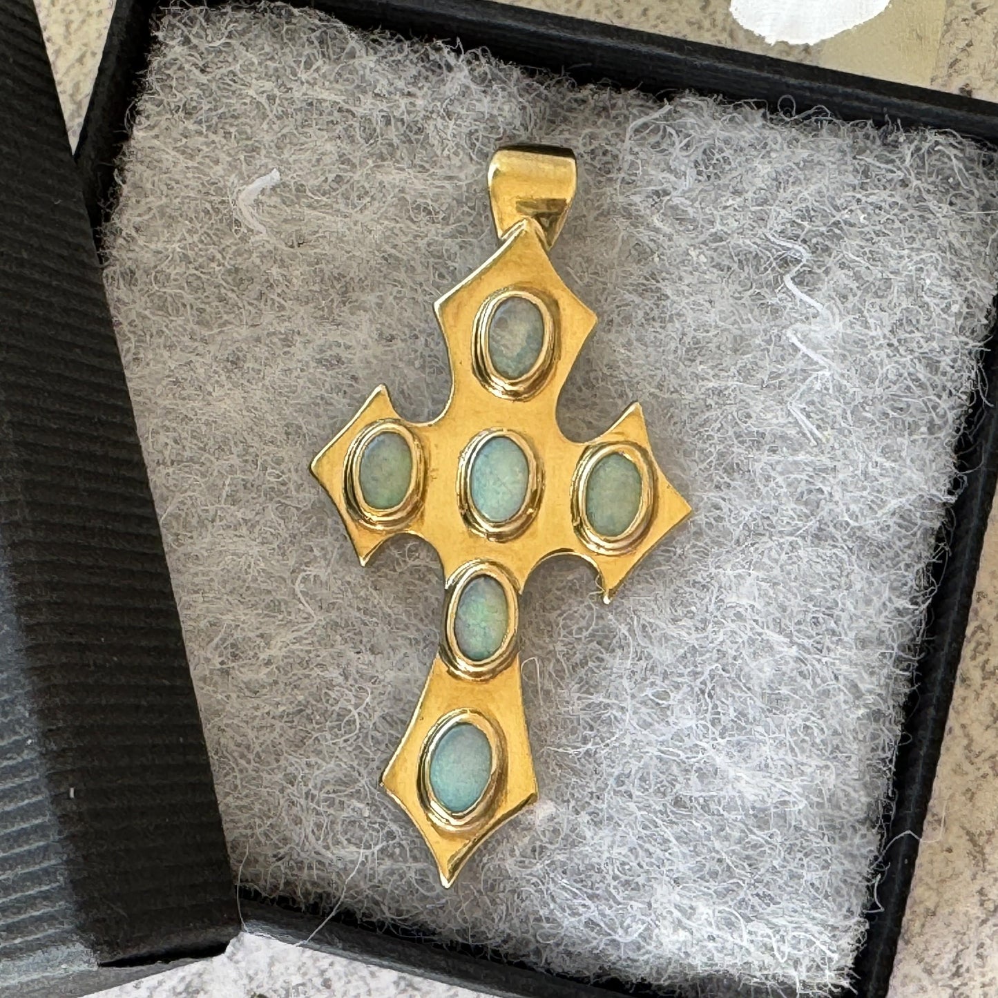Vintage 9ct Gold Opal Gothic Cross Pendant, Millennium Hallmarked