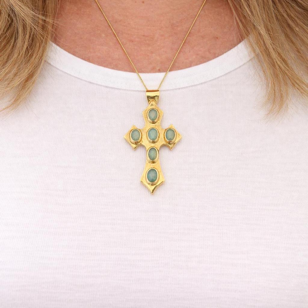 Vintage 9ct Gold Opal Gothic Cross Pendant, Millennium Hallmarked