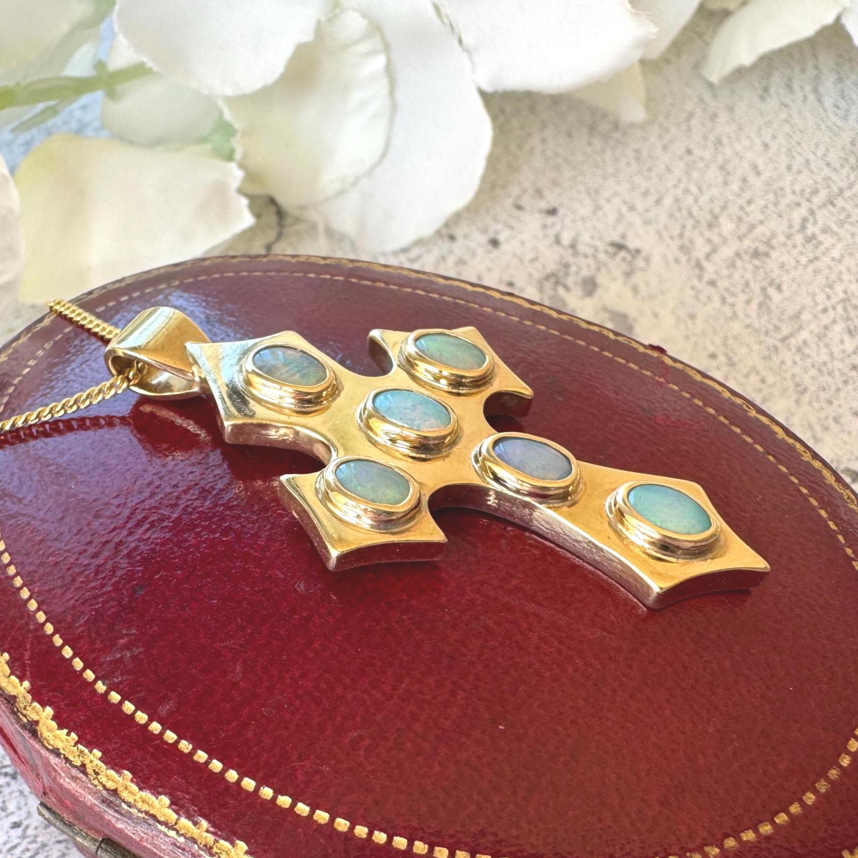 Vintage 9ct Gold Opal Gothic Cross Pendant, Millennium Hallmarked