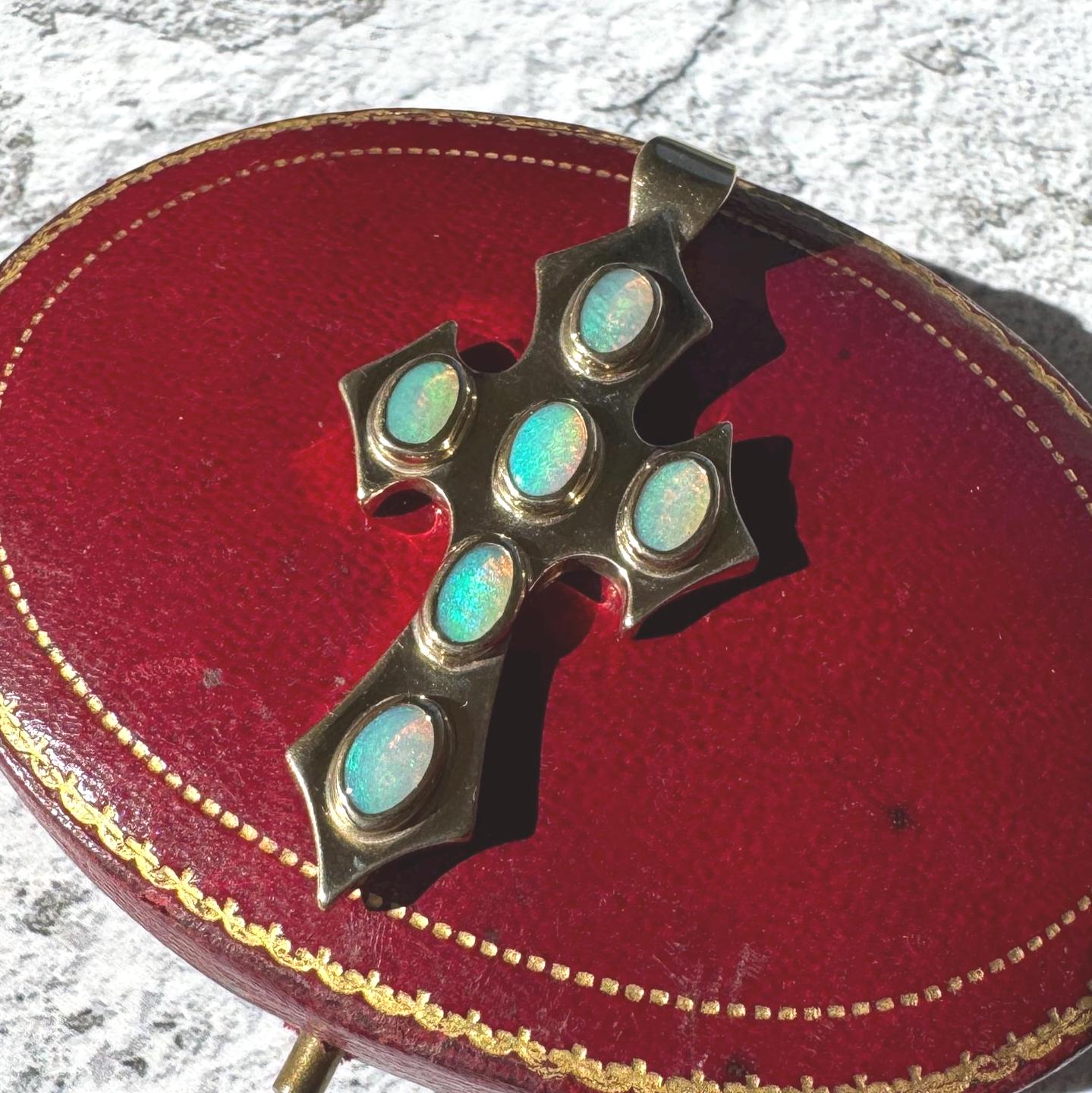 Vintage 9ct Gold Opal Gothic Cross Pendant, Millennium Hallmarked