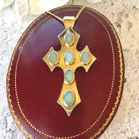 Vintage 9ct Gold Opal Gothic Cross Pendant, Millennium Hallmarked