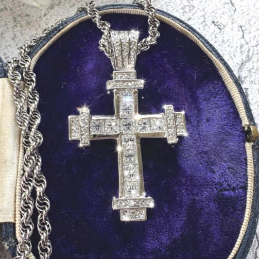 Vintage Heavy Sterling Silver Iced Cross Pendant, CZ Hip Hop Style Statement