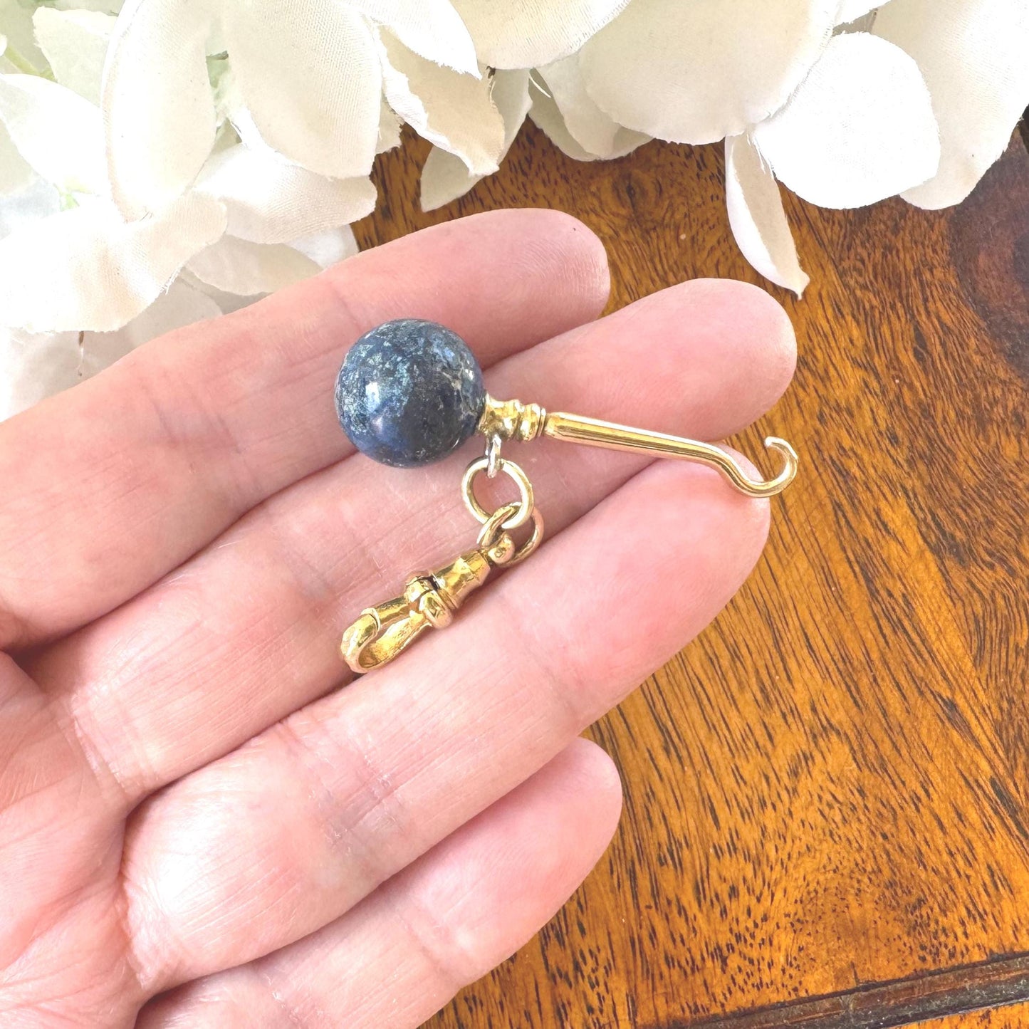 Antique Victorian Lapis Lazuli Novelty Miniature Button Hook Pendant Charm