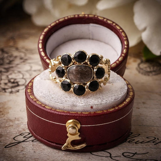 Georgian 18ct Gold & Black Paste Mourning Ring With Hair Locket Compartment