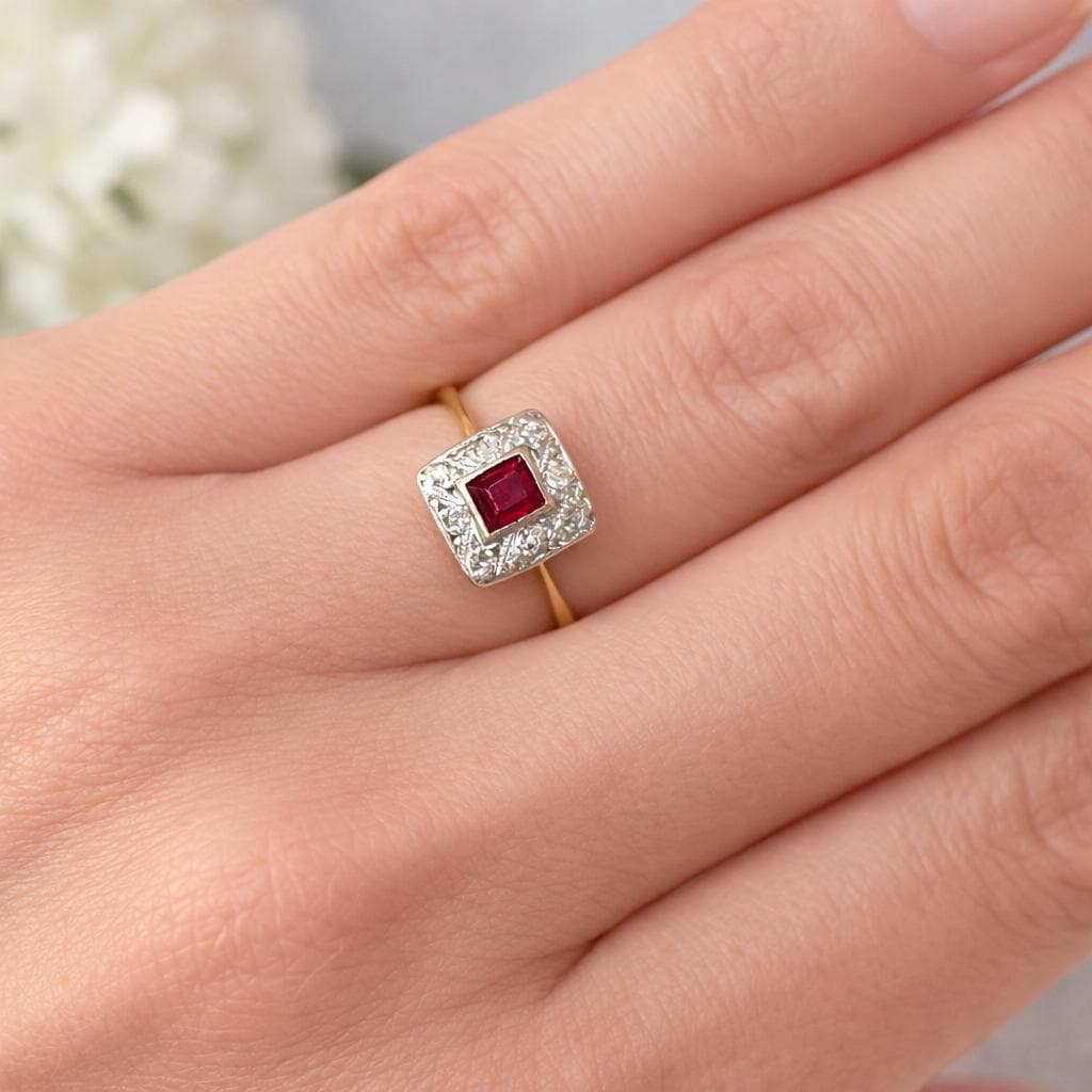 Art Deco Square-Cut Ruby & Diamond Cluster Halo Ring in 18ct Gold and Platinum