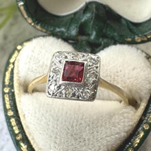 Carica l'immagine nel visualizzatore di Gallery, Art Deco Square-Cut Ruby &amp; Diamond Cluster Halo Ring in 18ct Gold and Platinum
