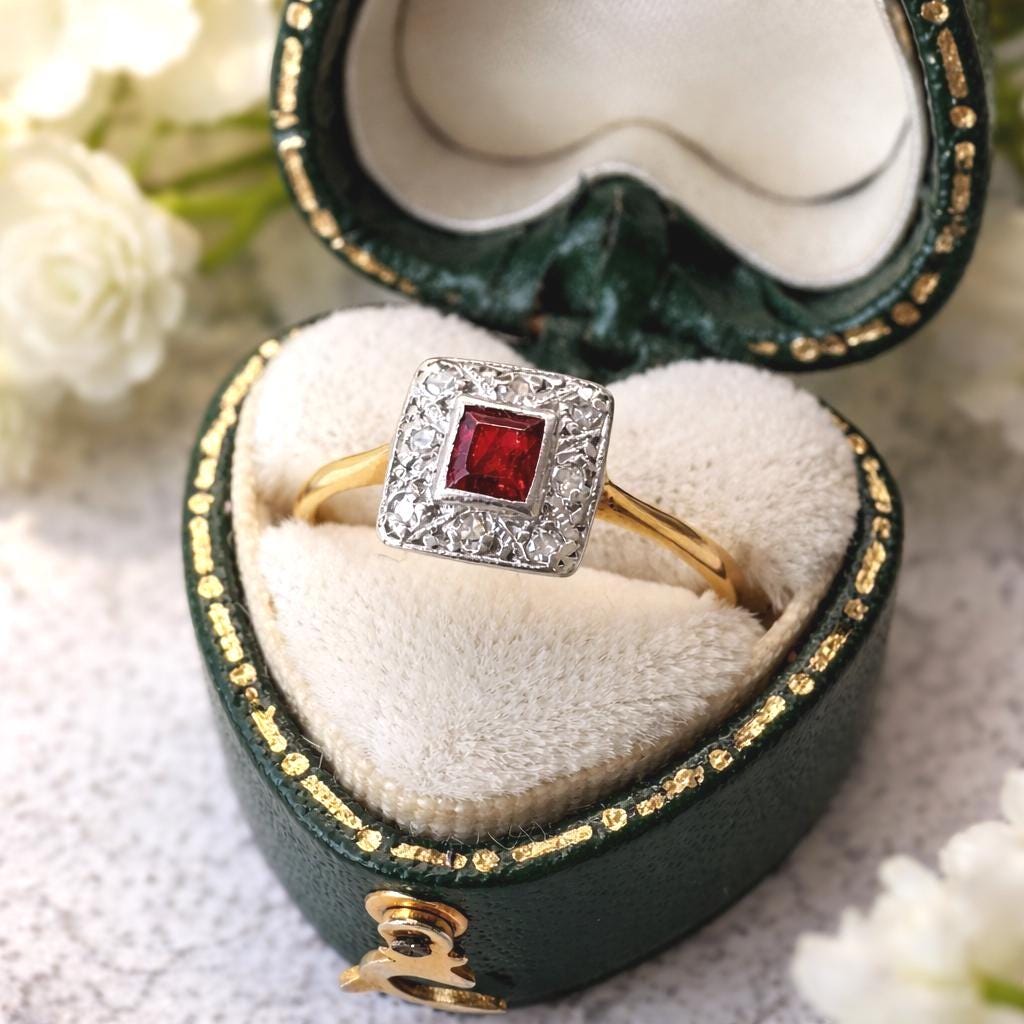 Art Deco Square-Cut Ruby & Diamond Cluster Halo Ring in 18ct Gold and Platinum