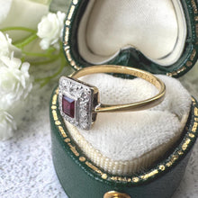 Carica l'immagine nel visualizzatore di Gallery, Art Deco Square-Cut Ruby &amp; Diamond Cluster Halo Ring in 18ct Gold and Platinum
