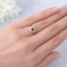 Carica l'immagine nel visualizzatore di Gallery, Art Deco Square-Cut Ruby &amp; Diamond Cluster Halo Ring in 18ct Gold and Platinum
