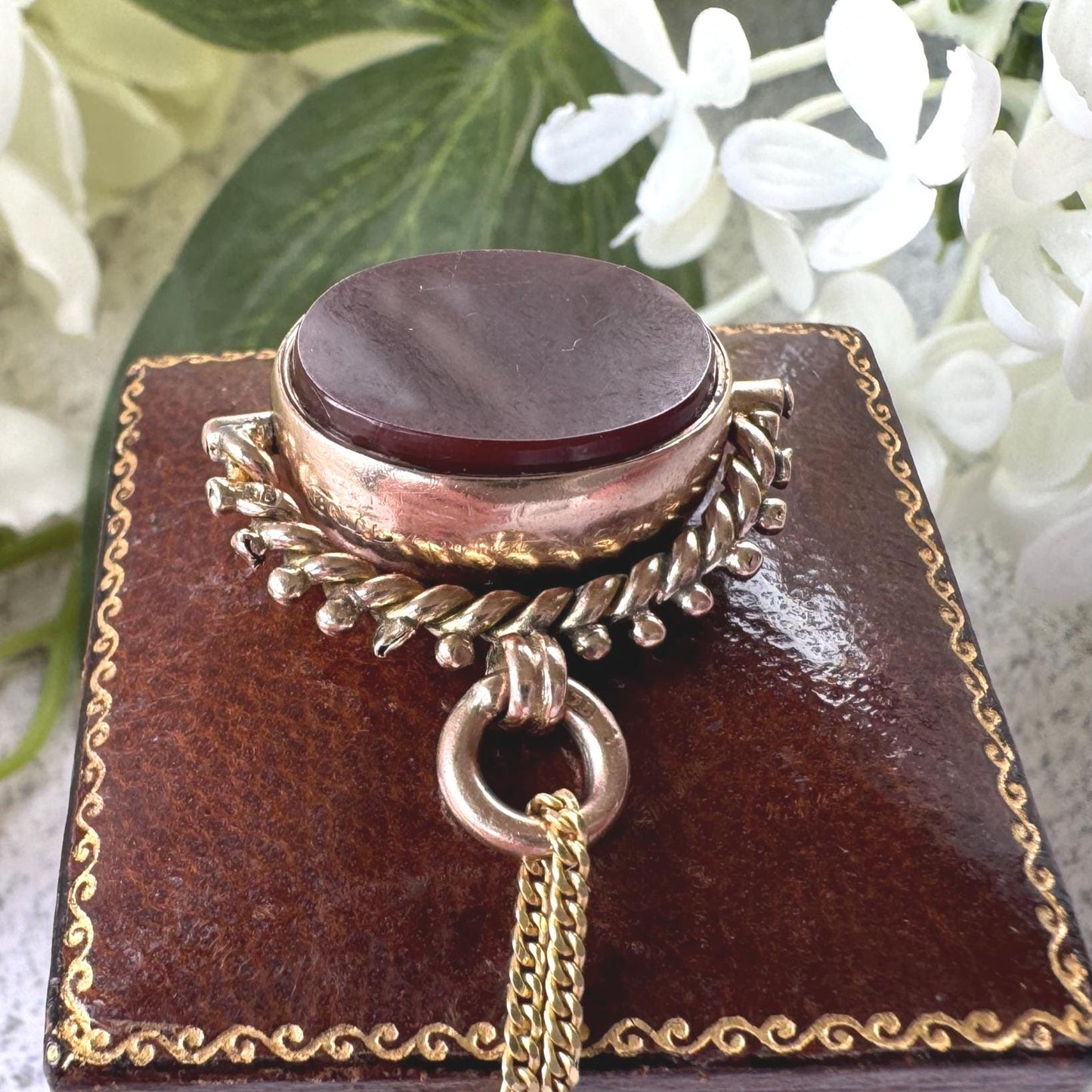 Antique Victorian Spinner Fob, 1902 9ct Gold Carnelian Bloodstone Pendant Watch Chain Charm