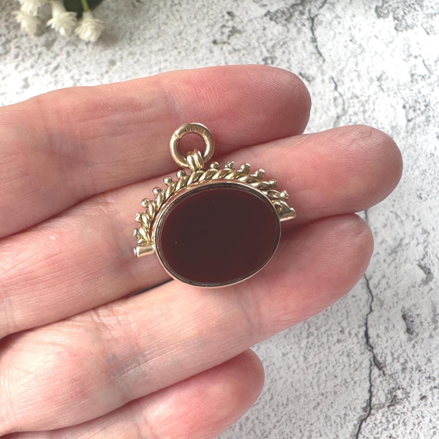 Antique Victorian Spinner Fob, 1902 9ct Gold Carnelian Bloodstone Pendant Watch Chain Charm