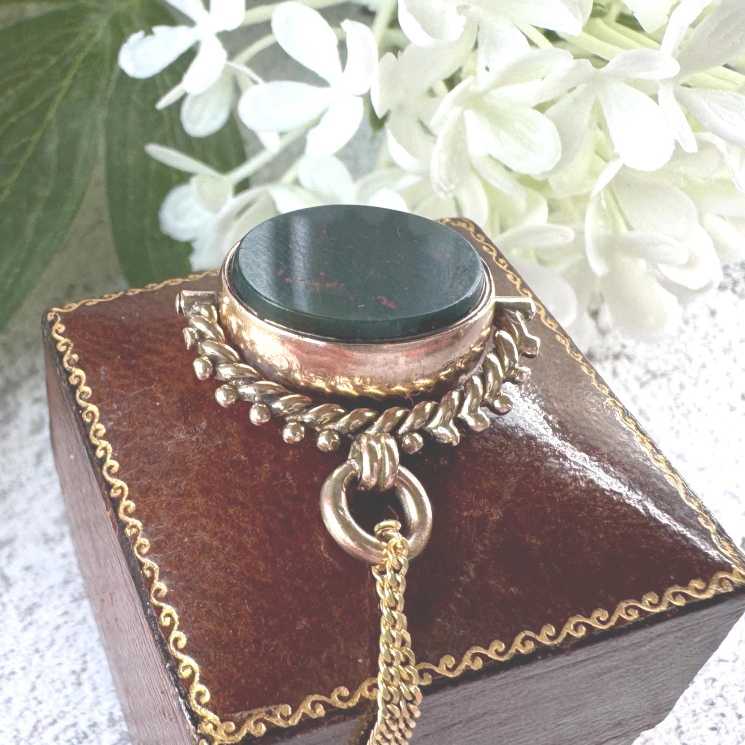 Antique Victorian Spinner Fob, 1902 9ct Gold Carnelian Bloodstone Pendant Watch Chain Charm