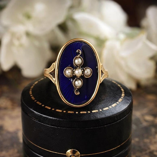 Antique Victorian 15ct Gold & Blue Enamel Glass Mourning Cross Ring