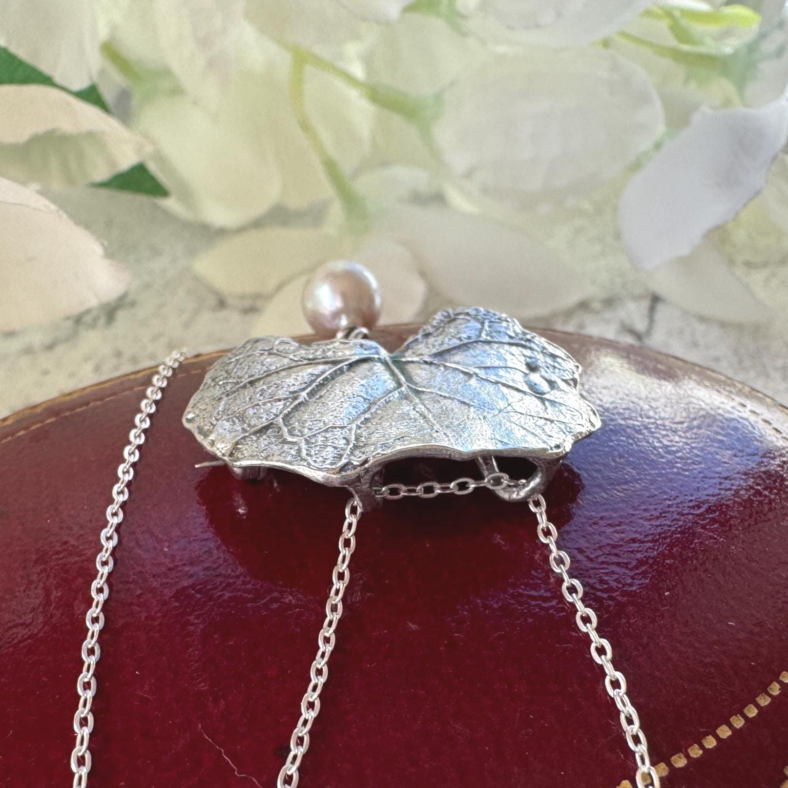 Vintage Sterling Silver & Pearl Water Lily Leaf Pendant Necklace. Art Nouveau Style Convertible Brooch