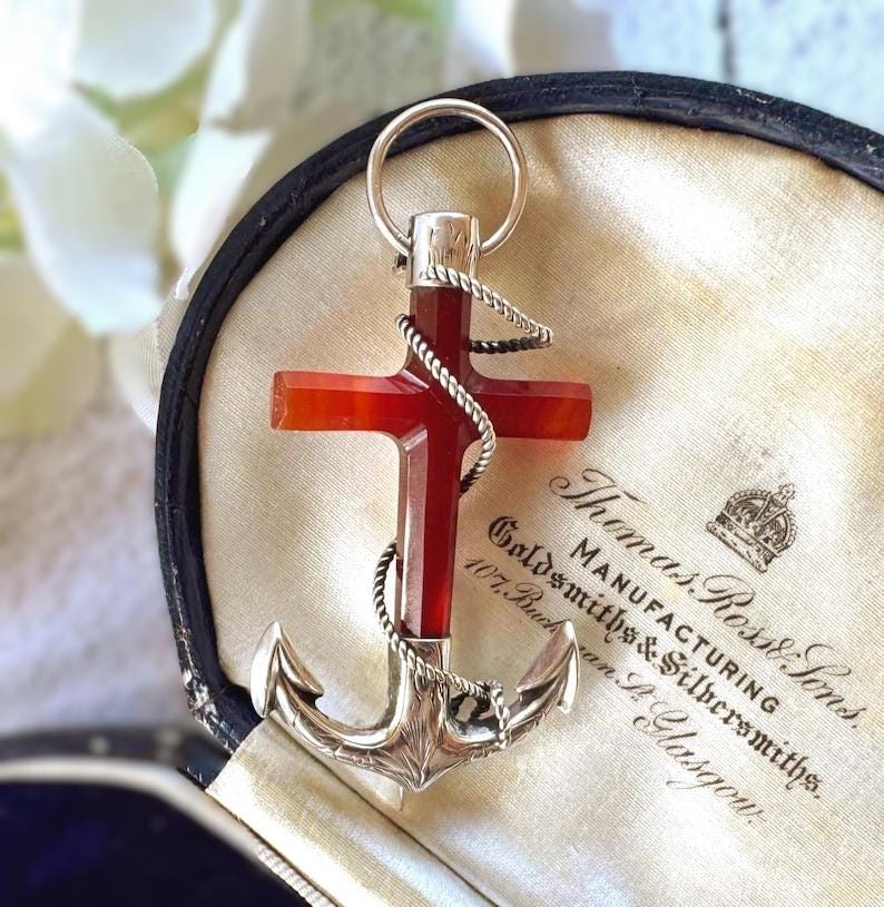Victorian Scottish Banded Agate Cross & Fouled Anchor Silver Brooch