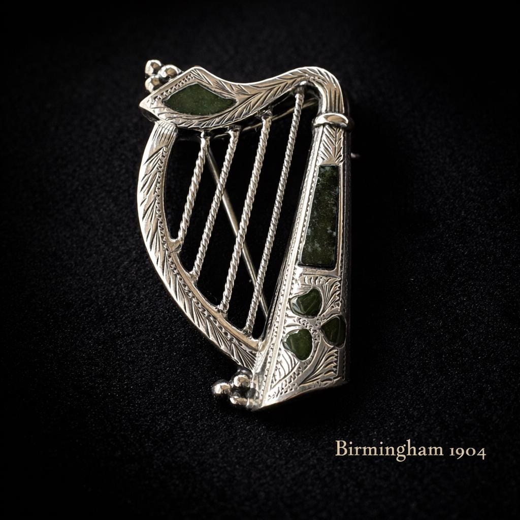 Antique Silver Irish Harp Brooch with Connemara Marble Shamrock, Hallmarked 1904