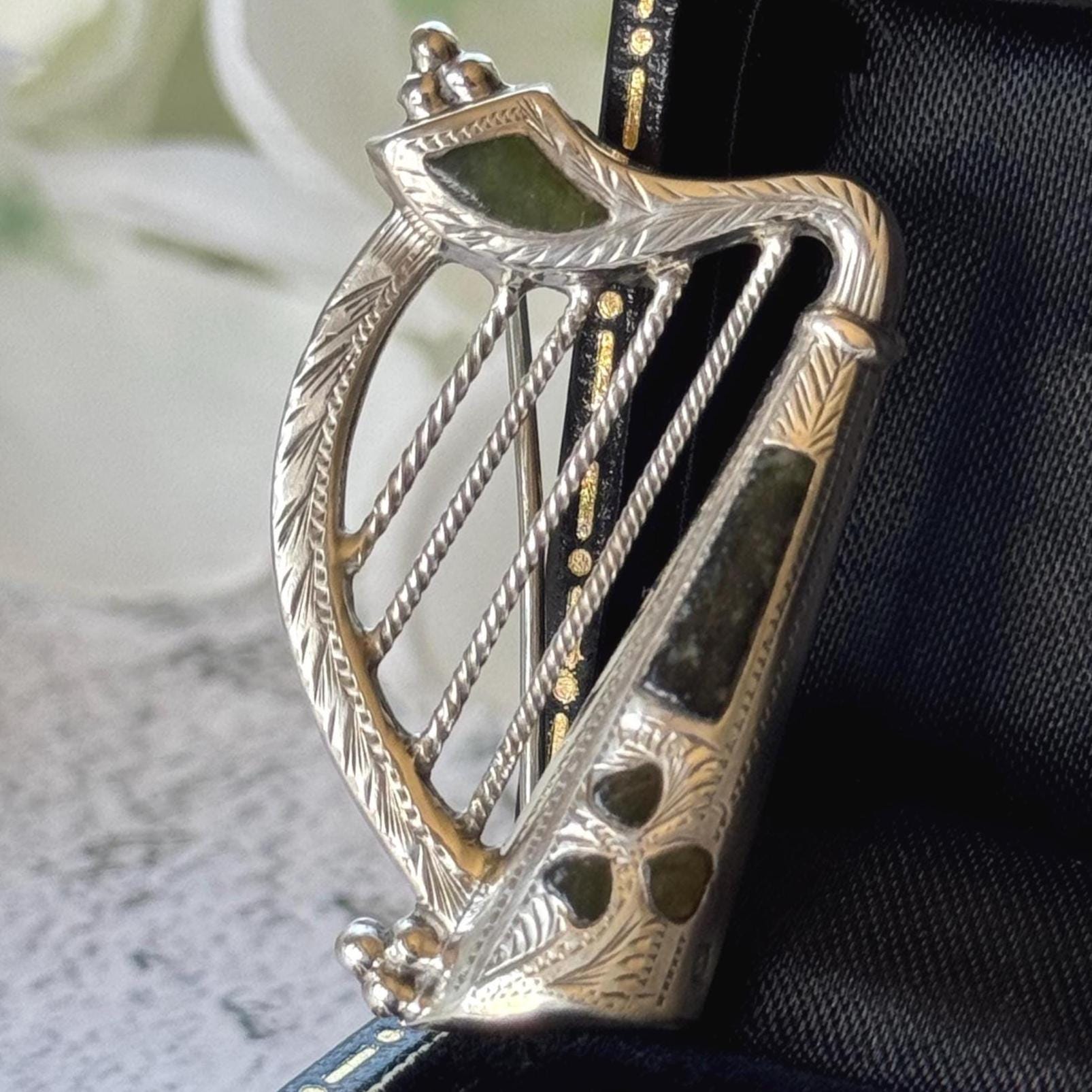 Antique Silver Irish Harp Brooch with Connemara Marble Shamrock, Hallmarked 1904
