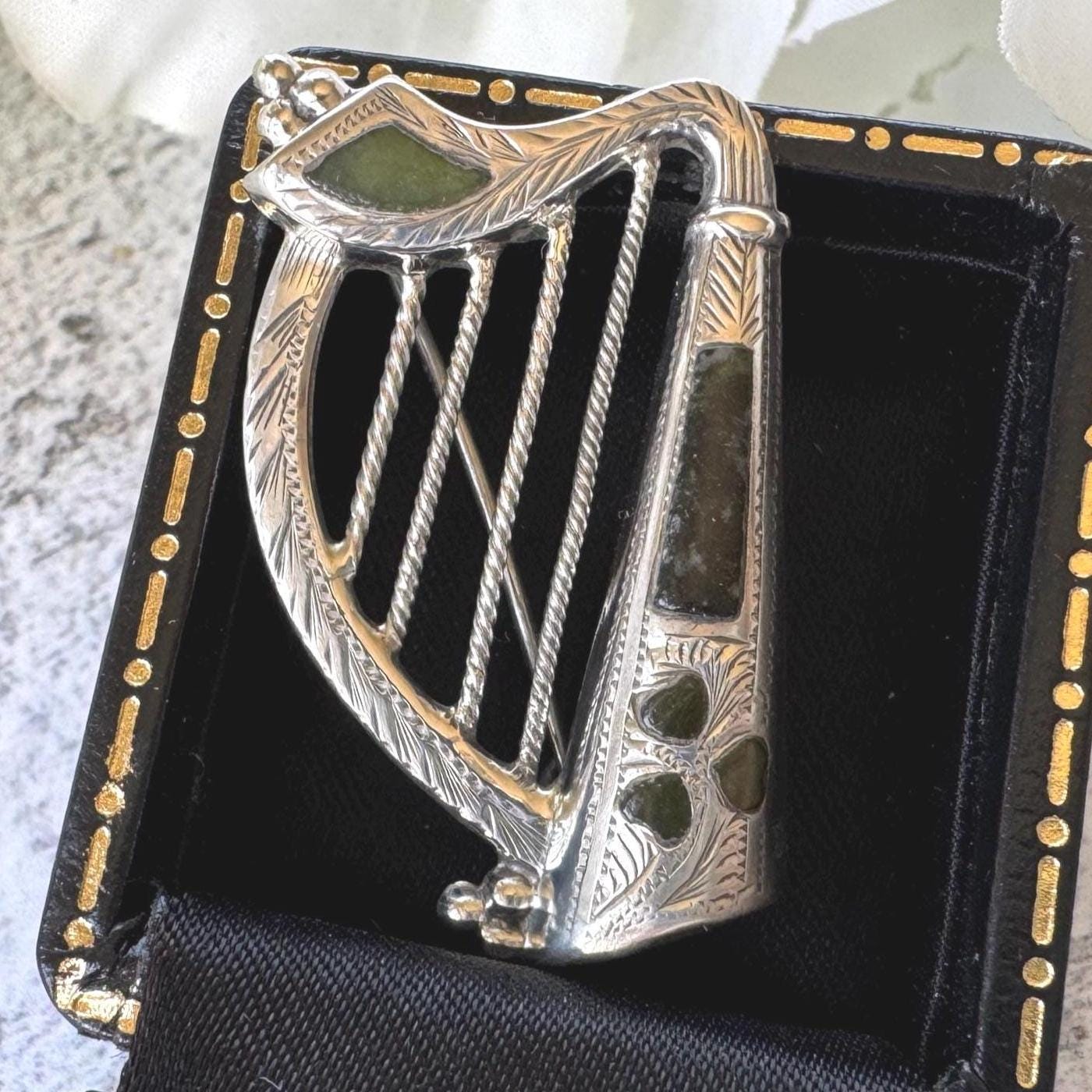 Antique Silver Irish Harp Brooch with Connemara Marble Shamrock, Hallmarked 1904