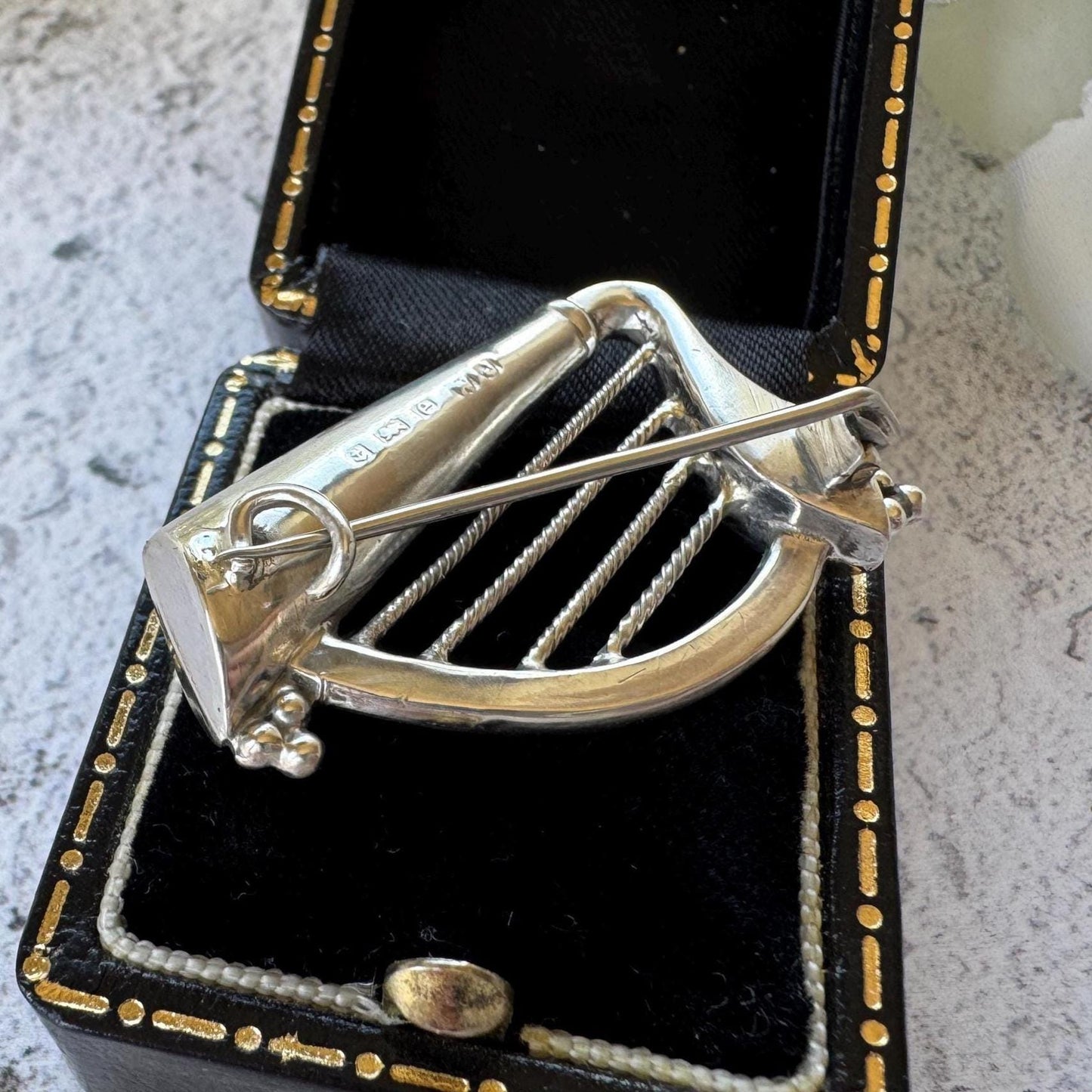 Antique Silver Irish Harp Brooch with Connemara Marble Shamrock, Hallmarked 1904