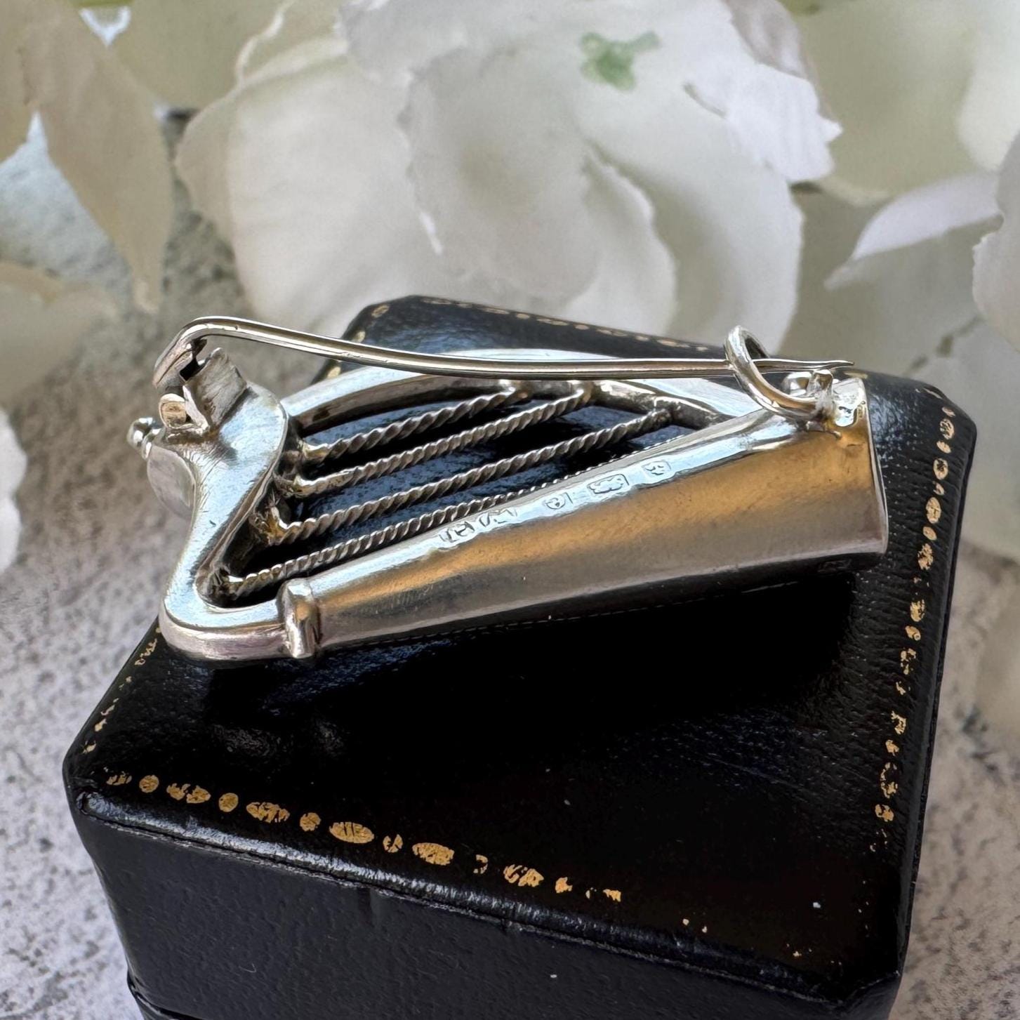 Antique Silver Irish Harp Brooch with Connemara Marble Shamrock, Hallmarked 1904