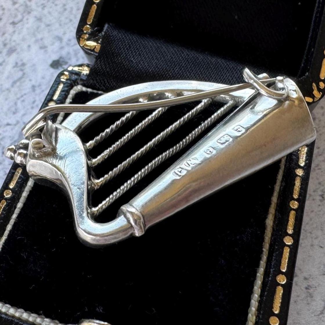 Antique Silver Irish Harp Brooch with Connemara Marble Shamrock, Hallmarked 1904
