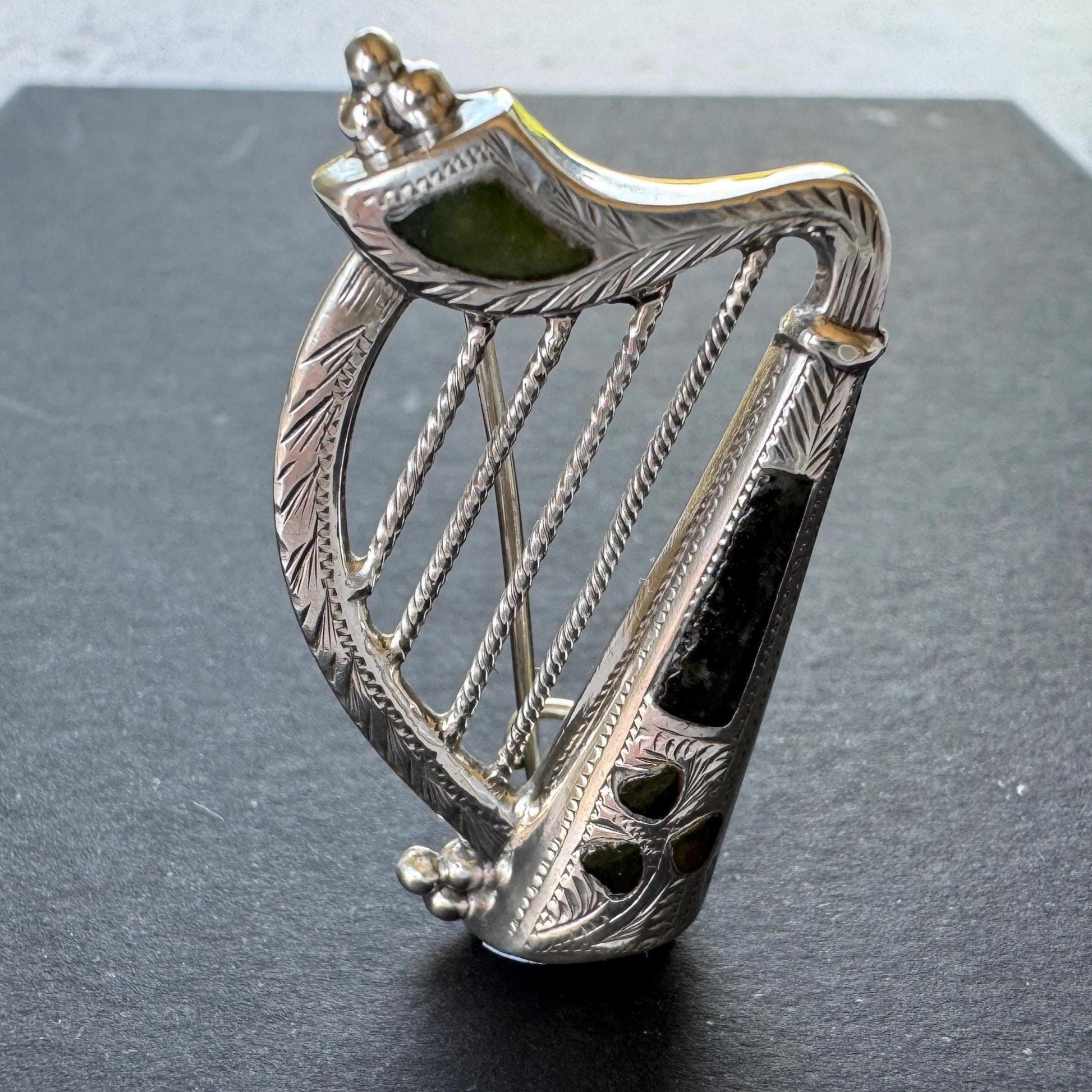 Antique Silver Irish Harp Brooch with Connemara Marble Shamrock, Hallmarked 1904