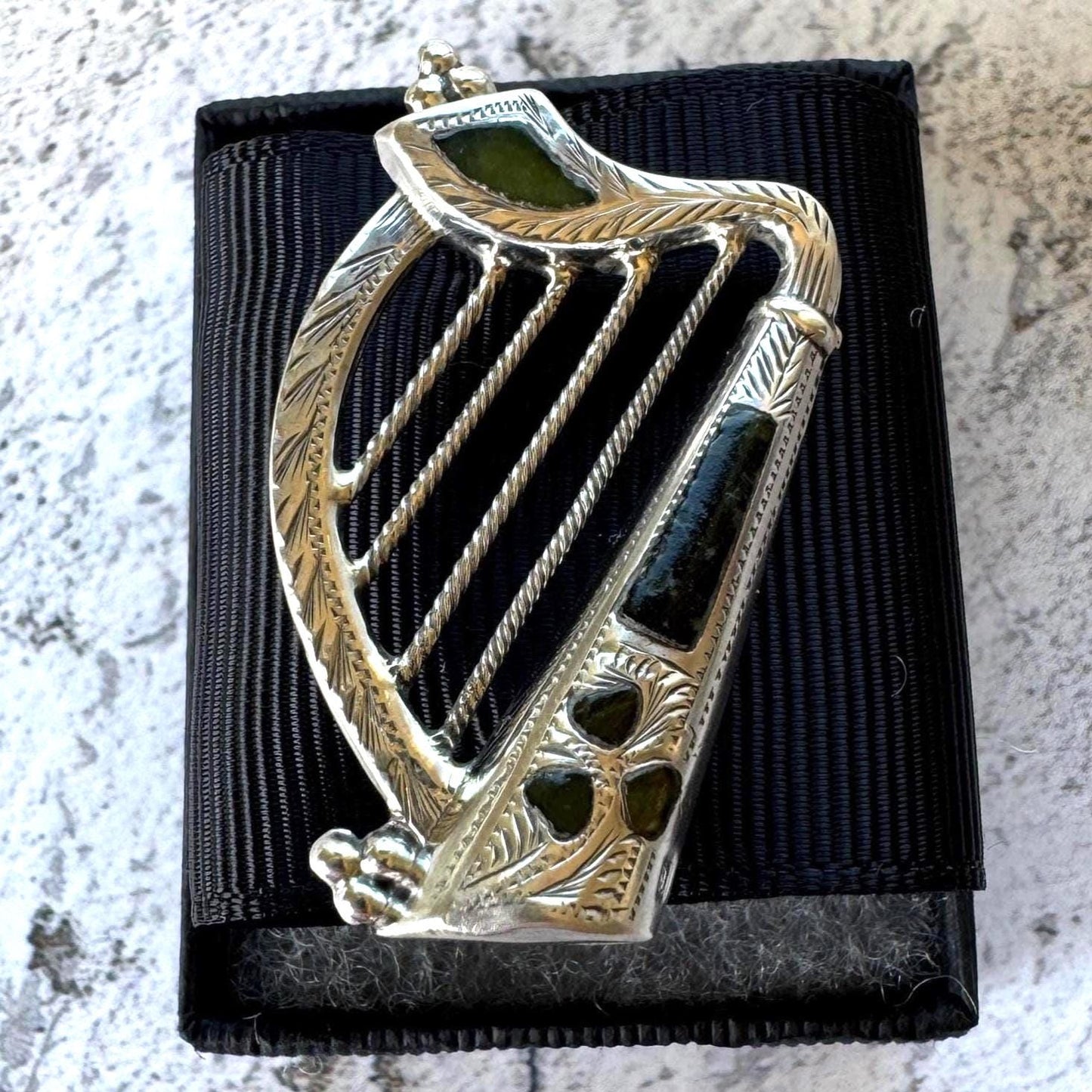 Antique Silver Irish Harp Brooch with Connemara Marble Shamrock, Hallmarked 1904