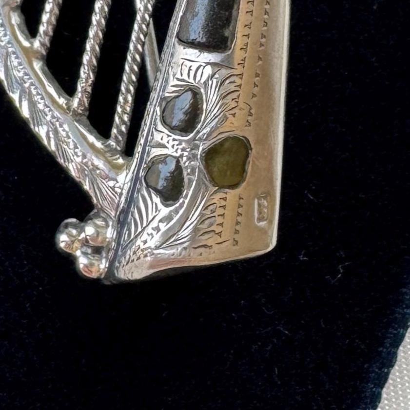 Antique Silver Irish Harp Brooch with Connemara Marble Shamrock, Hallmarked 1904
