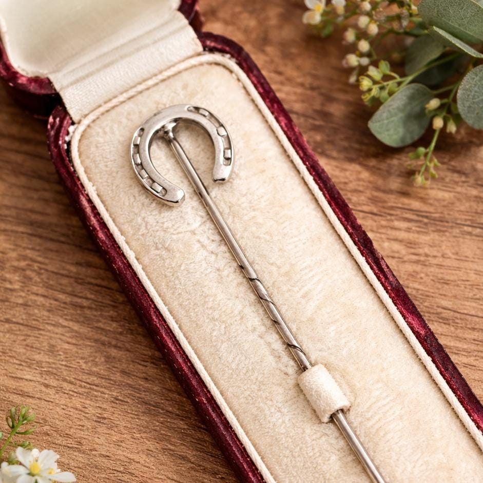 Antique Victorian Sterling Silver Lucky Horseshoe Stick Pin, Circa 1890